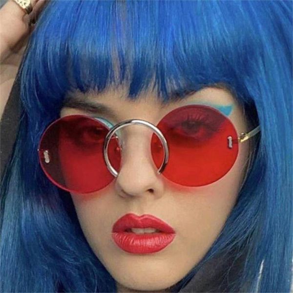 sunglasses 2021 fashion unique nose ring round women vintage rimless clear ocean lens eyewear men sun glasses shades uv400, White;black